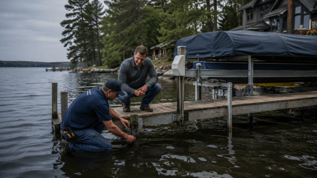 Technician leveling a dock section in shallow water