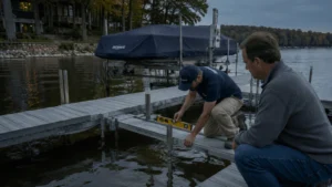 Two workers setting a level on a sectional dock beside a covered boat on its lift