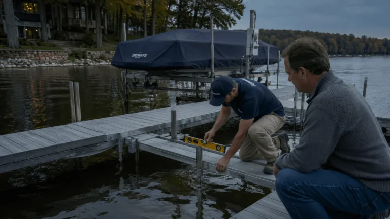 Two workers setting a level on a sectional dock beside a covered boat on its lift