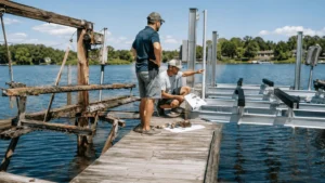 Two workers looking over a weathered wooden dock and lift frame next to newer aluminum boat lifts on a lake