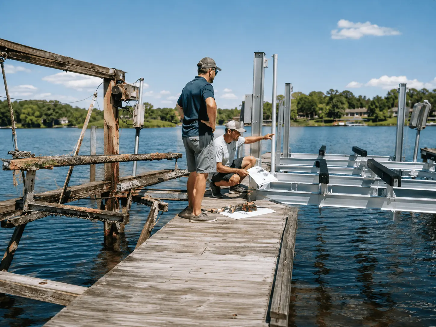Two workers looking over a weathered wooden dock and lift frame next to newer aluminum boat lifts on a lake